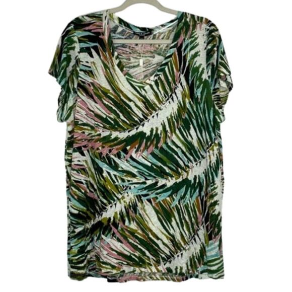 Cable & Gauge V-neck tropical green leaf short sleeve shirt size 1X linen blend - Picture 1 of 8